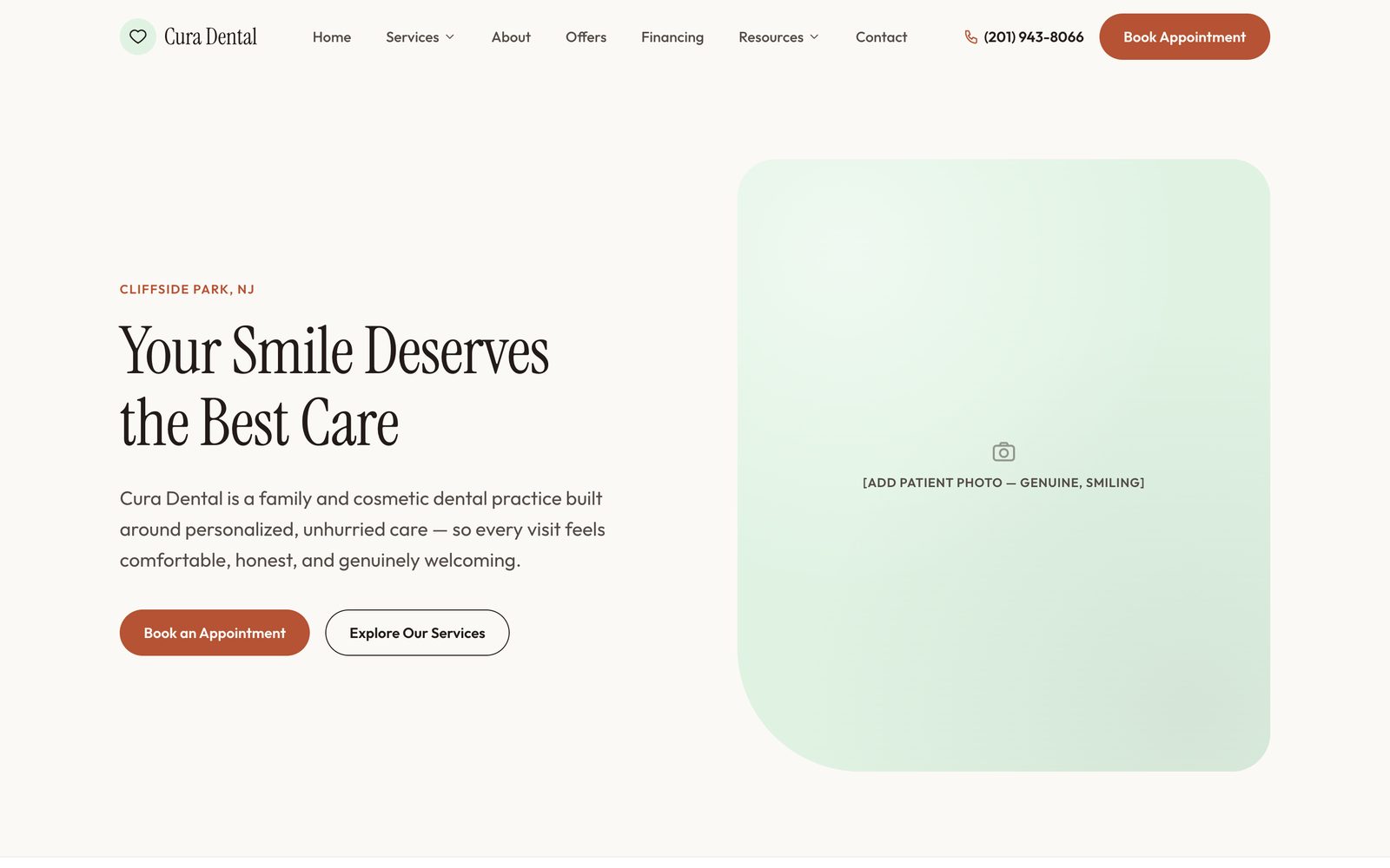 Direction 1 — warm and editorial, but still leaning on the old copy and a missing photo.