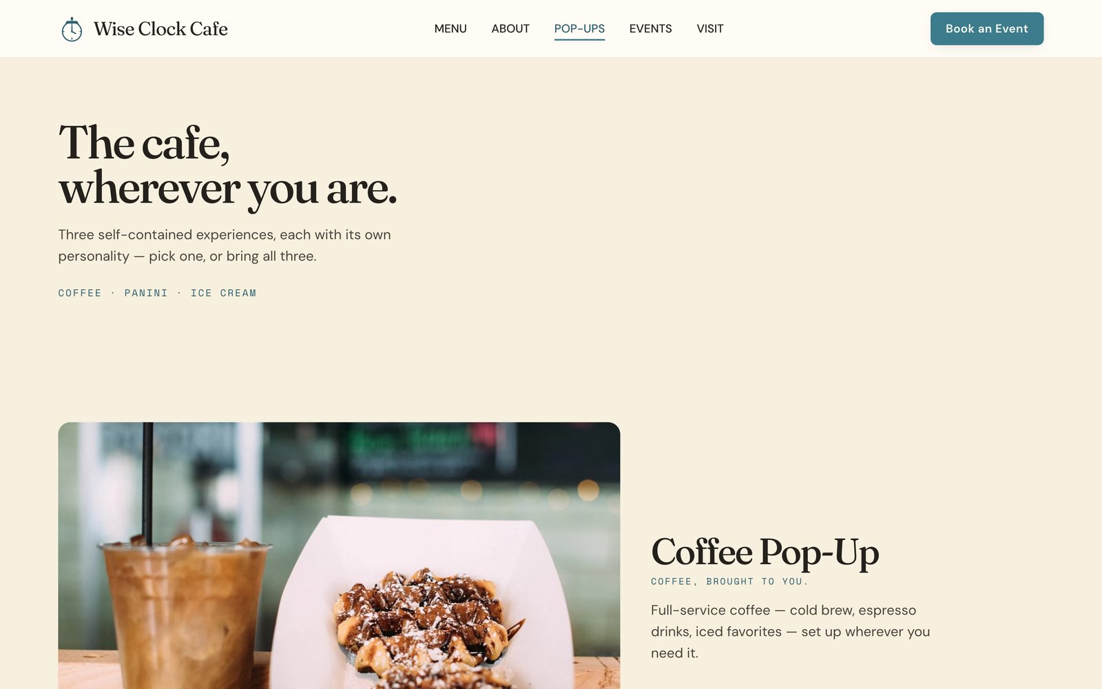 Pop-ups — Coffee, Panini, and Ice Cream, each with its own section